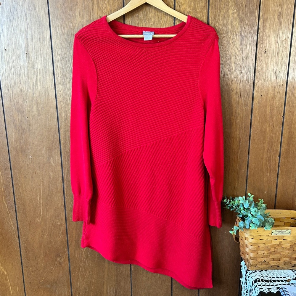 Chicos‎ Red Asymmetrical Hem Ribbed Knit Tunic Sweater Top Size 1 US M Holiday